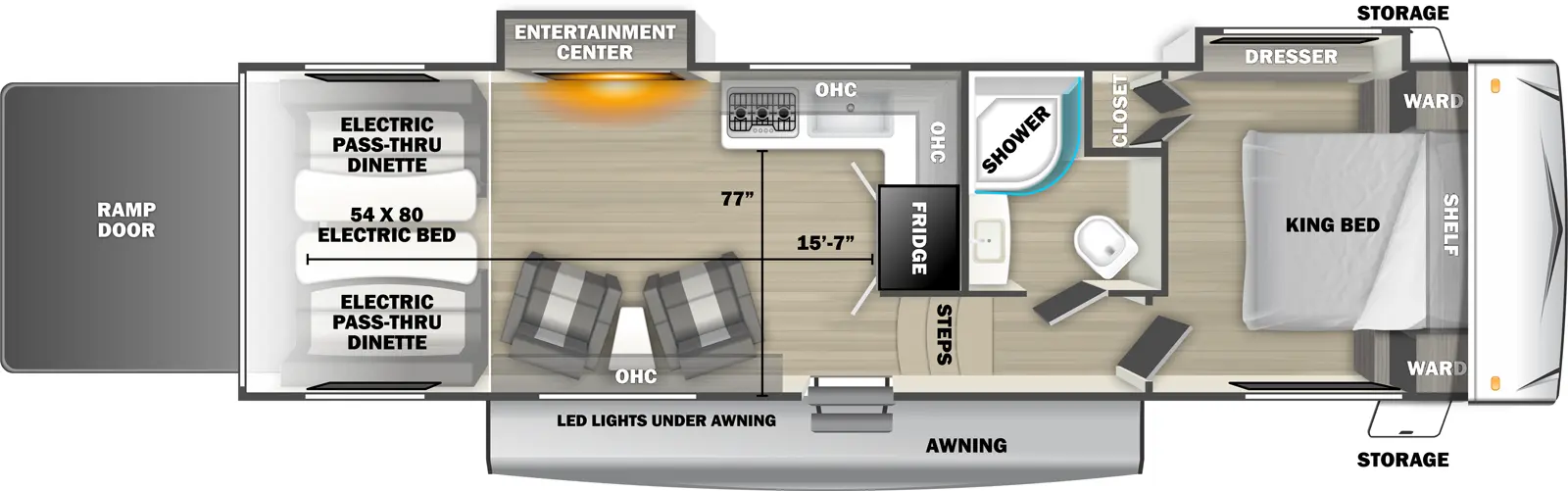 The 2800RLT fifth wheel has 2 slide outs on the off-door side, 1 entry door and 1 rear ramp door. Exterior features include an awning with LED lights and front opposing side storage access. Interior layout from front to back includes front bedroom with foot-facing King bed, shelf over the bed, front corner wardrobes, front facing closet and off-door side slideout holding a dresser; off-door side bathroom with radius shower, toilet and single sink vanity; 3 steps down into the kitchen area with off-door side L-shaped countertop, stovetop, L-Shaped overhead cabinets, sink and rear facing refrigerator; 2 door side recliners with end table; ceiling fan; off-door side slideout holding and entertainment center; and rear 54 x 80 electric bed over electric pass-through dinette. Cargo length from rear of unit to refrigerator is 15 ft. 7 in. Cargo width from countertop to door side wall is 77 inches.